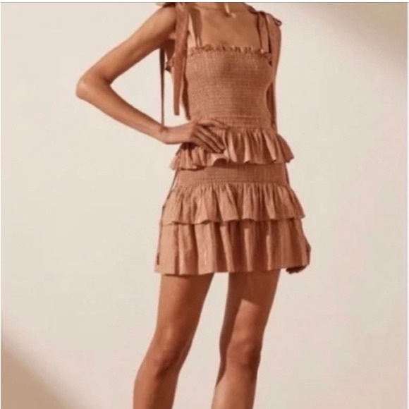 House of Harlow 1960 Dress Corinne Shirred Brown Ruffle Mini, Womens Size Large - Picture 10 of 12